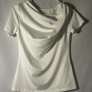 SHEIN White Draped Cowl Neck Top Size S Short Sleeve Stretch Blouse